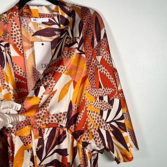 NWT DR2 Daniel Rainn Tropical Satin Ruana Wide 3/4 Sleeves Beaded Drawstring S/M - Picture 8 of 16